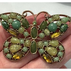 Vintage Green and Gold Tone Butterfly Brooch Pin Unsigned Cabochon Faceted